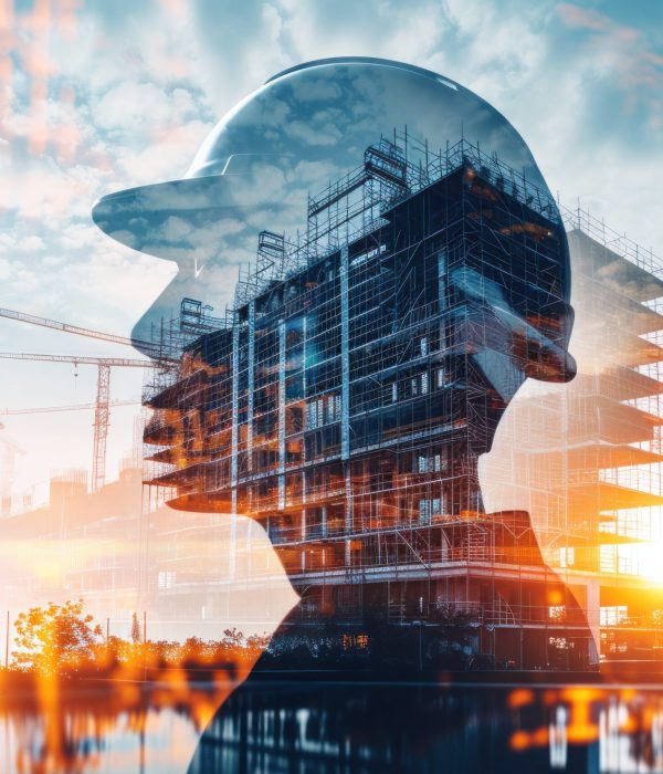 Future building construction engineering project concept with double exposure graphic design building engineer