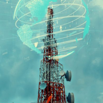 Telecommunication tower with 3D graphic of global business alteration